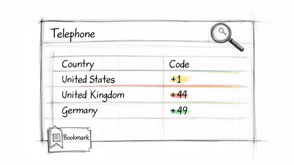 Eine Skizze, die eine Tabelle der Ländervorwahlen für die Vereinigten Staaten, das Vereinigte Königreich und Deutschland zeigt, mit Such- und Lesezeichen-Symbol.