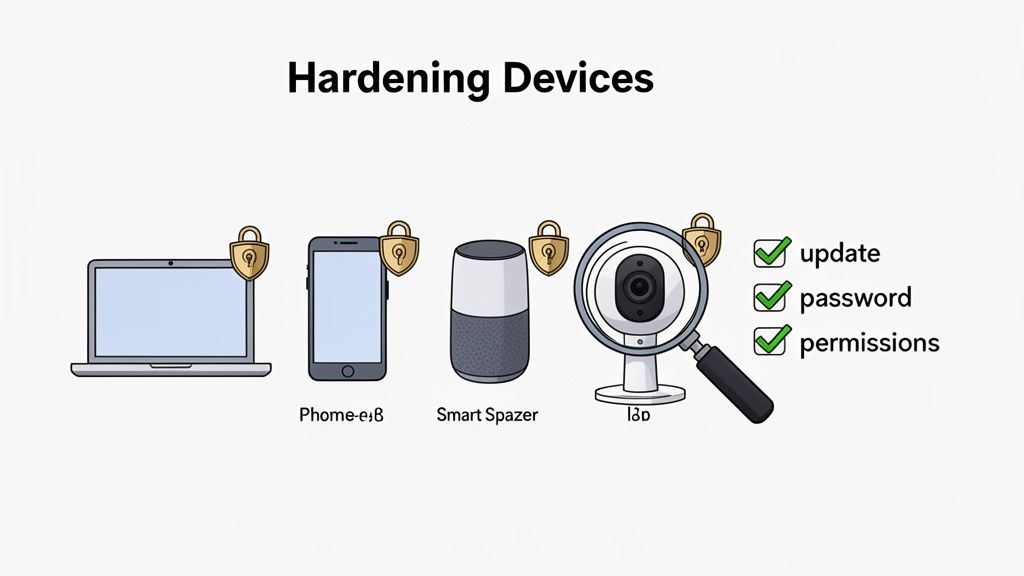 Illustration showing steps to secure various electronic devices like laptops, phones, smart speakers, and cameras.