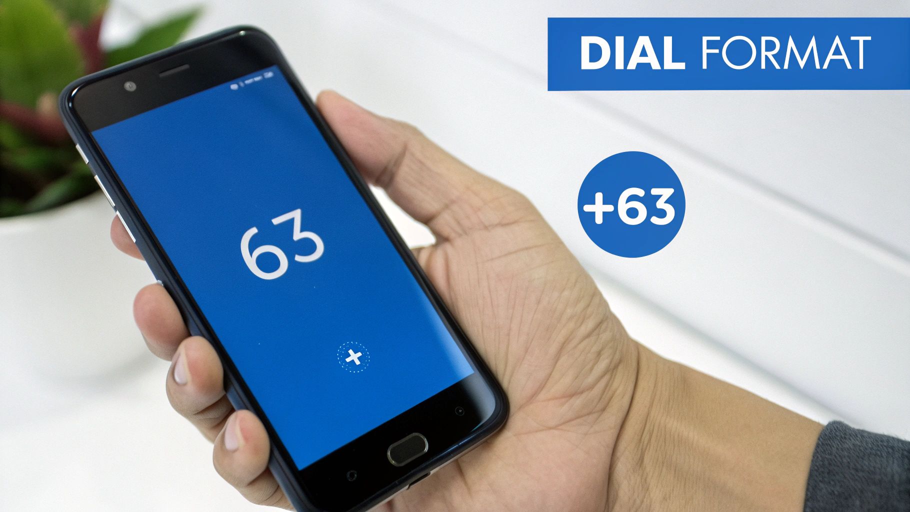 青い画面に「63」と表示されたスマートフォンを手に持ち、隣に「+63」のダイヤル形式が表示されている写真。