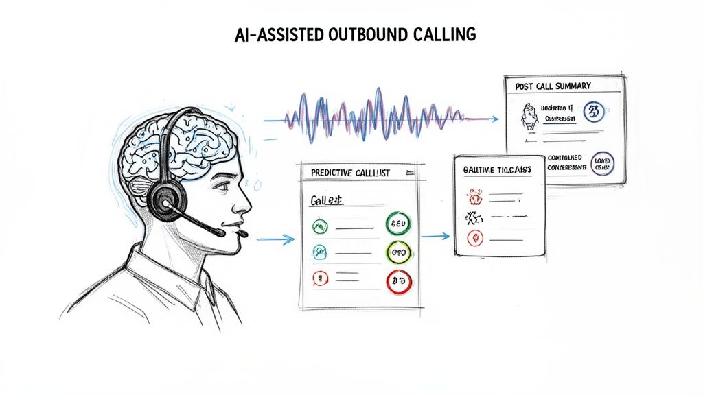 Schéma d'un processus d'appel sortant assisté par IA avec un agent, une liste d'appels, des insights en temps réel et un résumé d'appel.