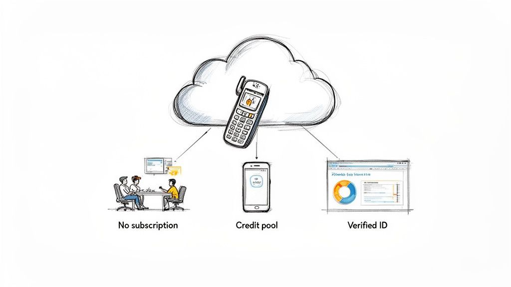 Diagramm eines Cloud‑Telefonservices mit Merkmalen wie kein Abo, Guthabenpool und verifizierten IDs.