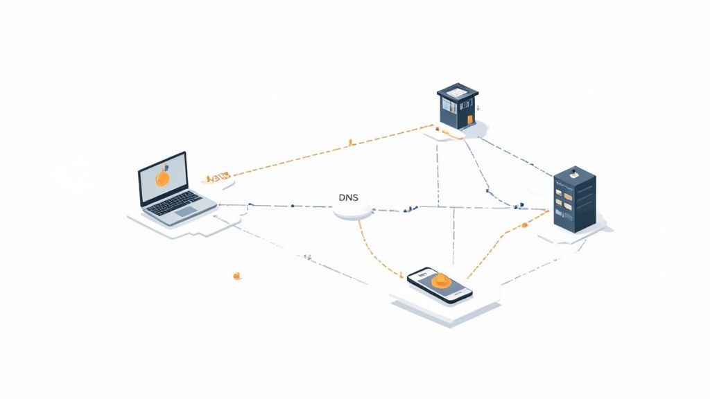 Une illustration numérique abstraite montrant des lignes et des nœuds interconnectés représentant un réseau, avec une loupe au-dessus.
