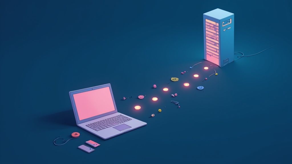 A laptop connects to a tall server rack with glowing data points illustrating internet data flow.