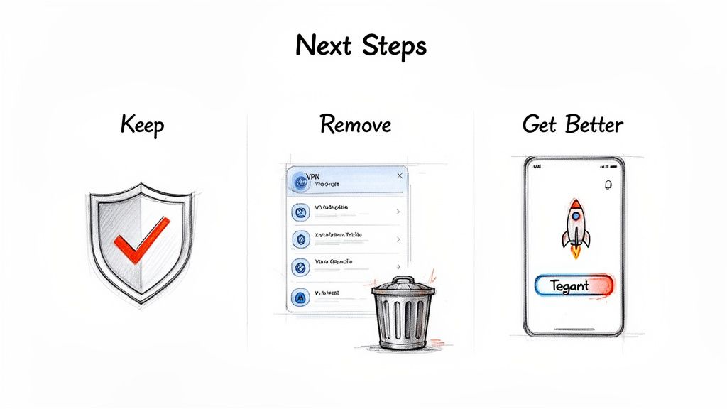 Three steps for digital management: keep secure with a shield, remove VPN, or get better with a new app.