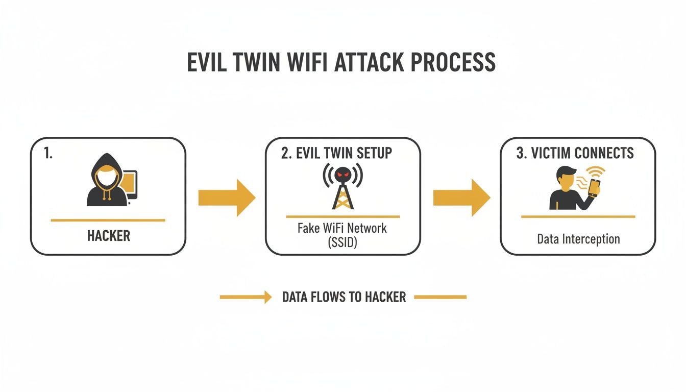 An infographic illustrates the Evil Twin WiFi attack: a hacker sets up a fake network, a victim connects, and data is intercepted.