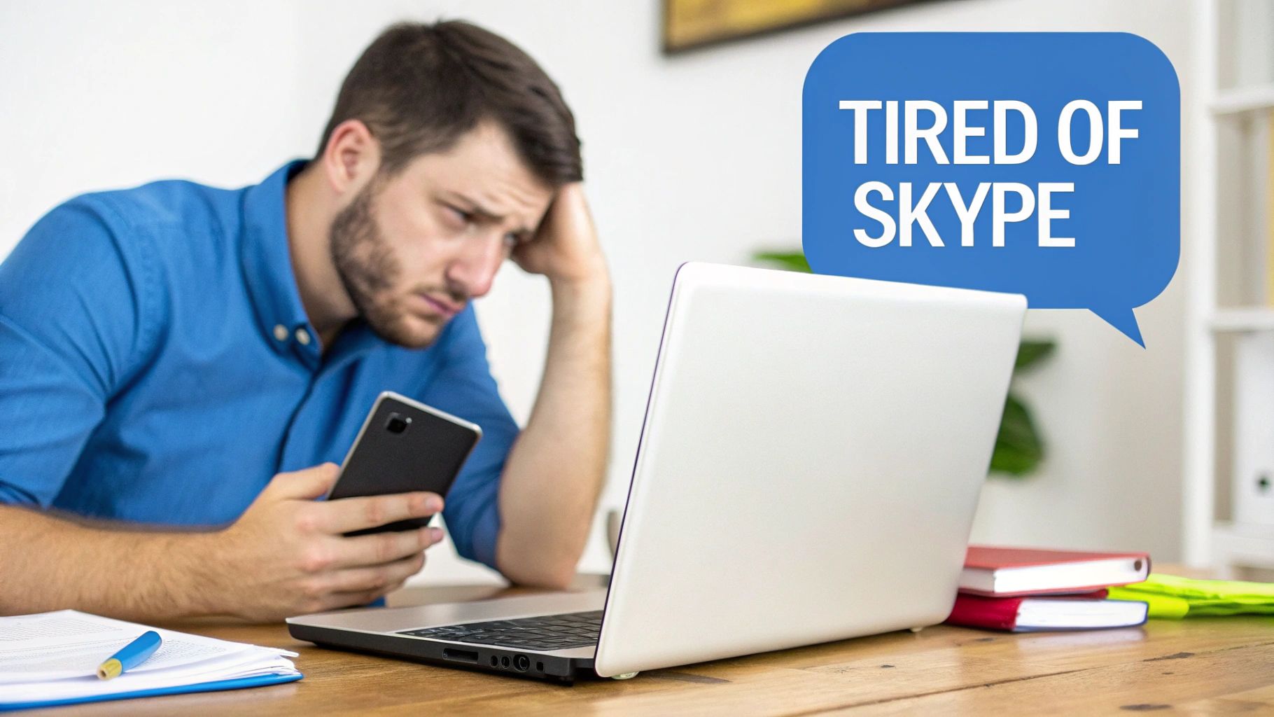 Eine Person am Laptop, die verschiedene Kommunikations-Apps für Auslandstelefonate abwägt.