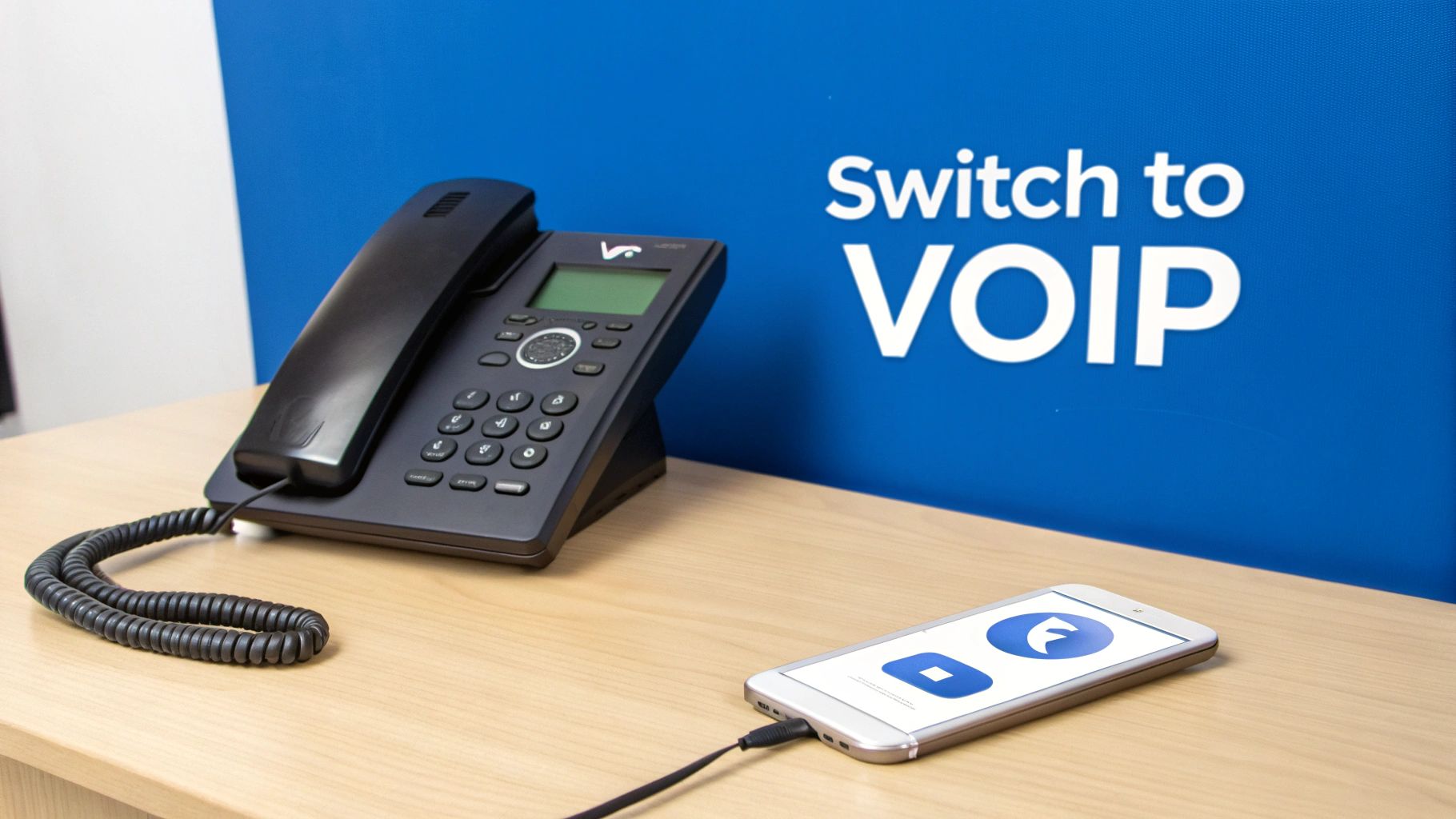 Black VoIP desk phone and a smartphone on a wooden desk, with 'Switch to VoIP' on a blue background.