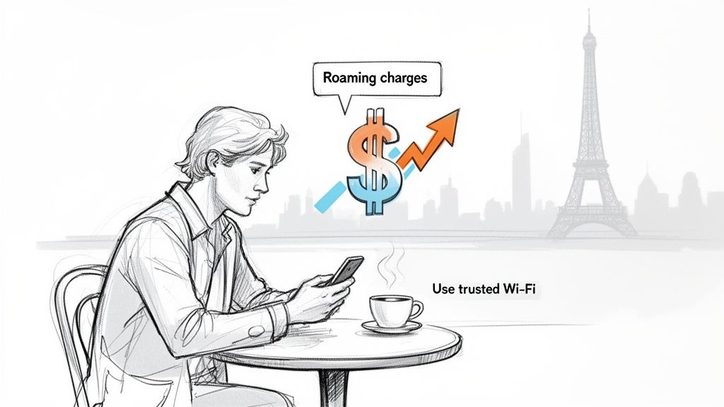 Illustration d'un homme au téléphone à Paris montrant la hausse des frais d'itinérance, suggérant d'utiliser un Wi‑Fi de confiance.