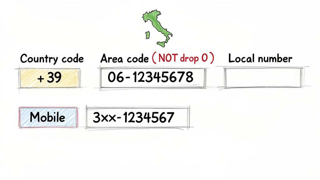 国番号、市外局番、携帯プレフィックスなど、イタリアの電話番号のダイヤル方法を示す図。