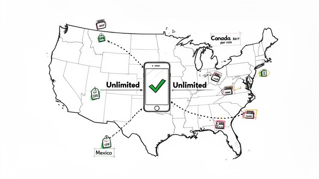 Map of the US displaying international mobile calling coverage and rates to Canada and Mexico.