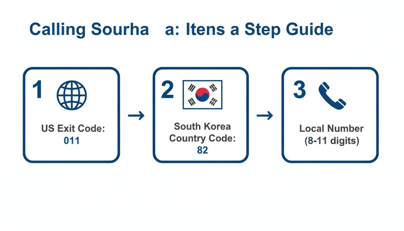 Schritt-für-Schritt-Anleitung, wie man von den USA nach Südkorea anruft: Ausgangscode, Ländervorwahl und Ortsnummer.