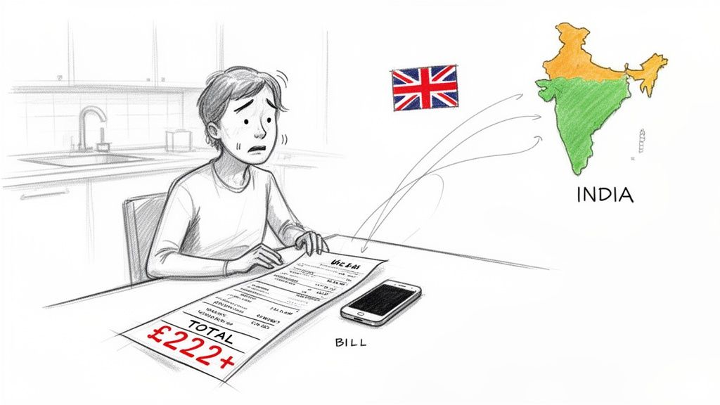A worried person in the UK holds a high phone bill for international calls to India.