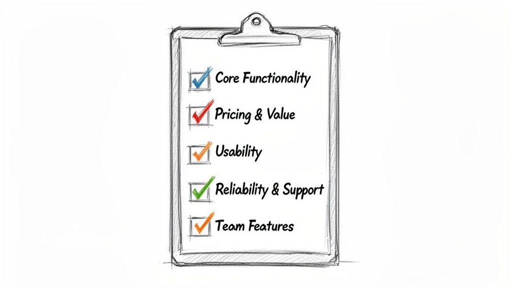 A hand-drawn clipboard displaying a checklist of five items, all marked as complete.