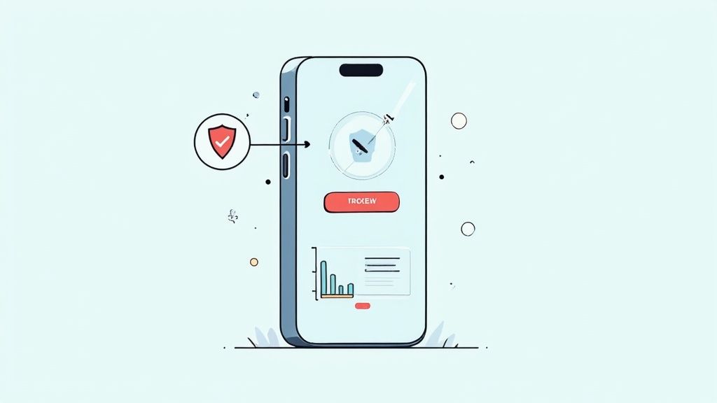 هاتف ذكي يعرض علامة صح على درع، مما يشير إلى نجاح التحقق من اتصال VPN آمن.