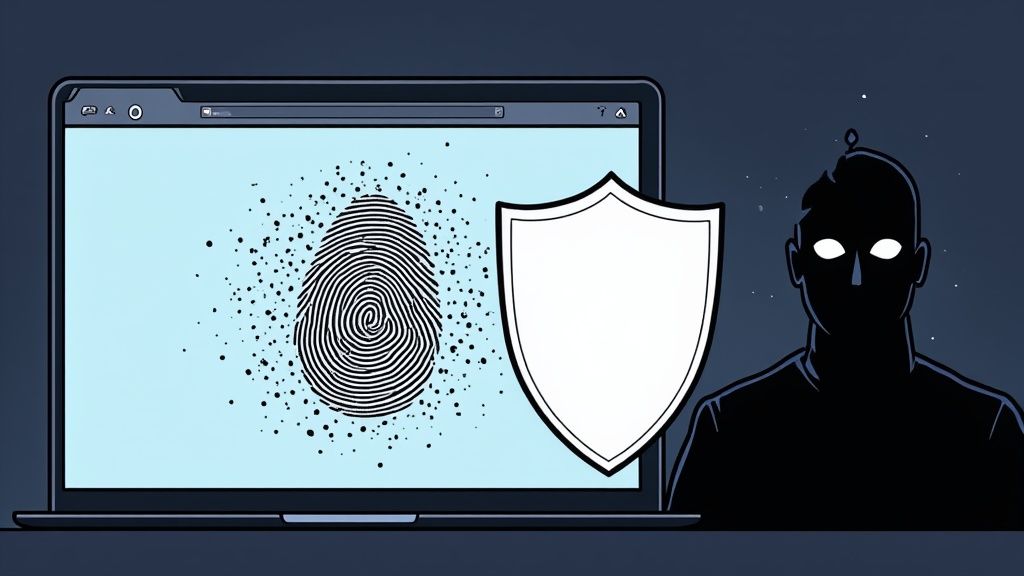 Eine Person am Schreibtisch überprüft nachdenklich die Datenschutzeinstellungen auf ihrem Laptop.