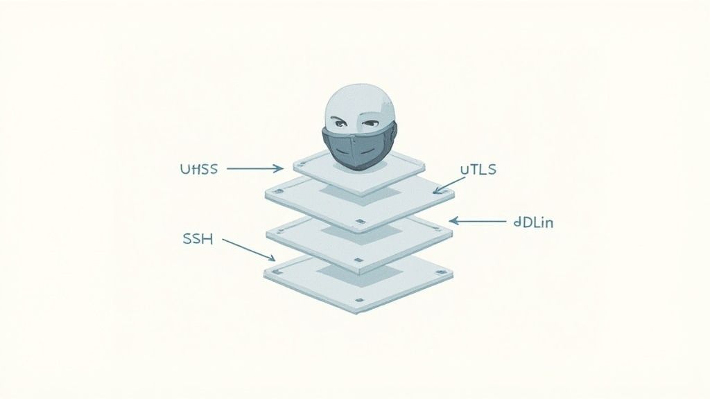 A masked head atop a four-layered stack, labeled UHSS, uTLS, SSH, dDLIn, representing layered security.