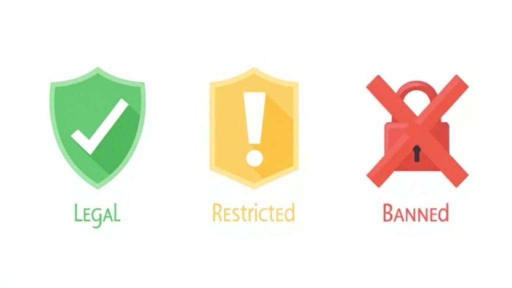 Weltkarte mit hervorgehobenen Ländern, die verschiedene Rechtslagen zu VPNs zeigen