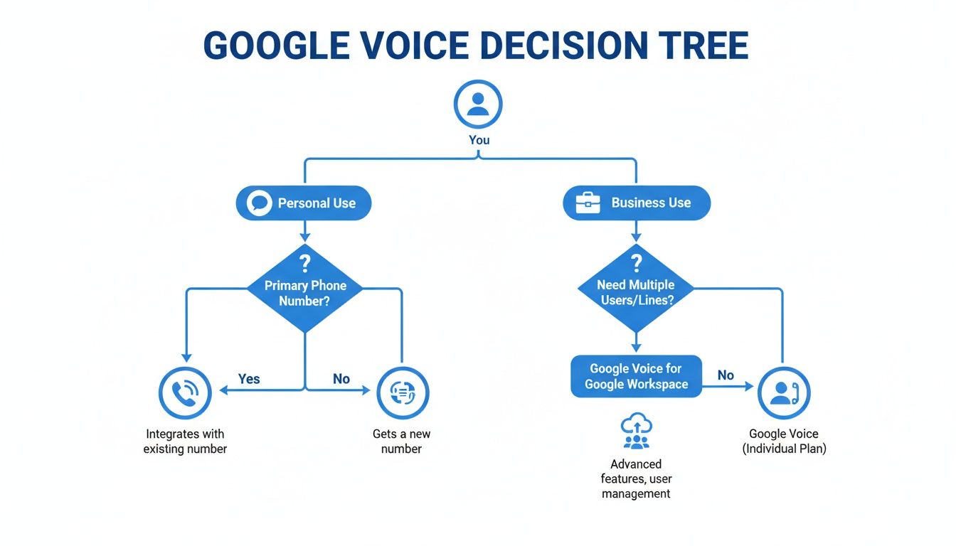 Decision tree guiding users on choosing Google Voice plans for personal or business use.