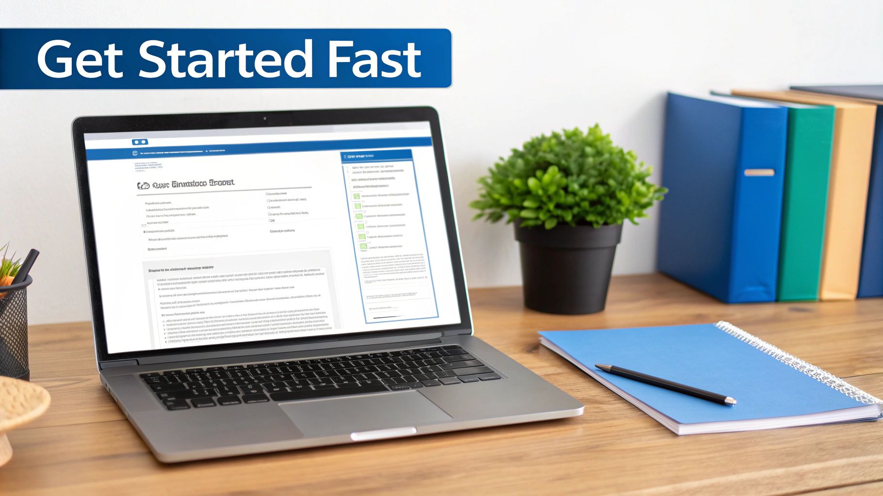 Espace de travail moderne avec ordinateur portable, carnet et une bannière 'Démarrage rapide' pour une configuration rapide.