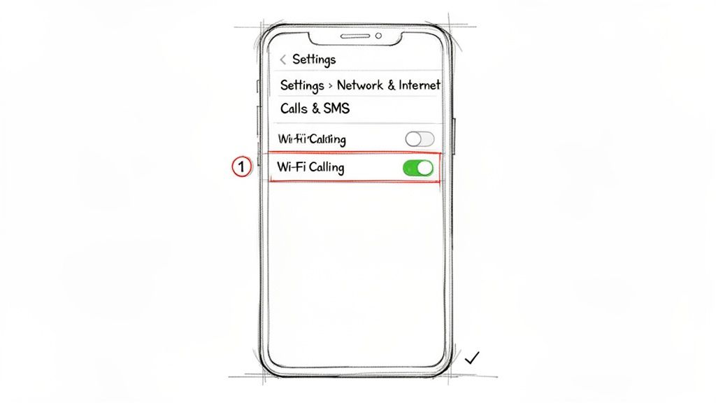 Smartphone‑Display zeigt die Option Wi‑Fi‑Calling, aktiviert in den Geräteeinstellungen.