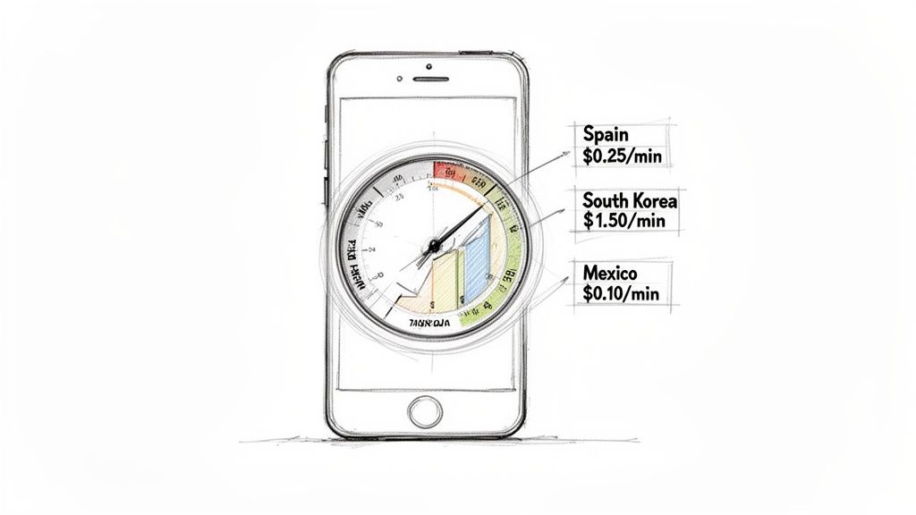 Sketch of a smartphone displaying a dial with international calling rates for Spain, South Korea, and Mexico.