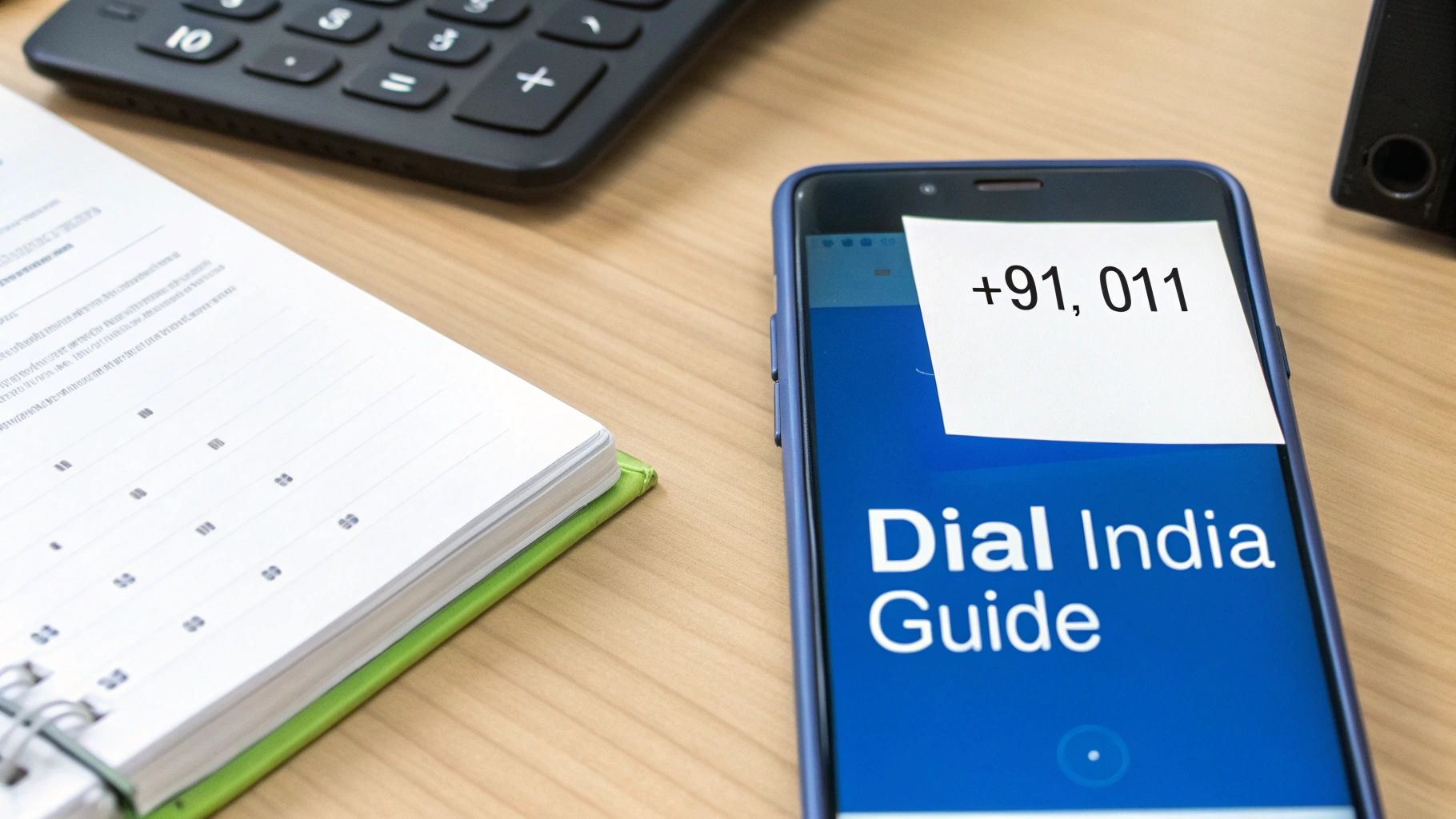 Smartphone displaying Dial India Guide app with +91 country code on wooden desk with calculator