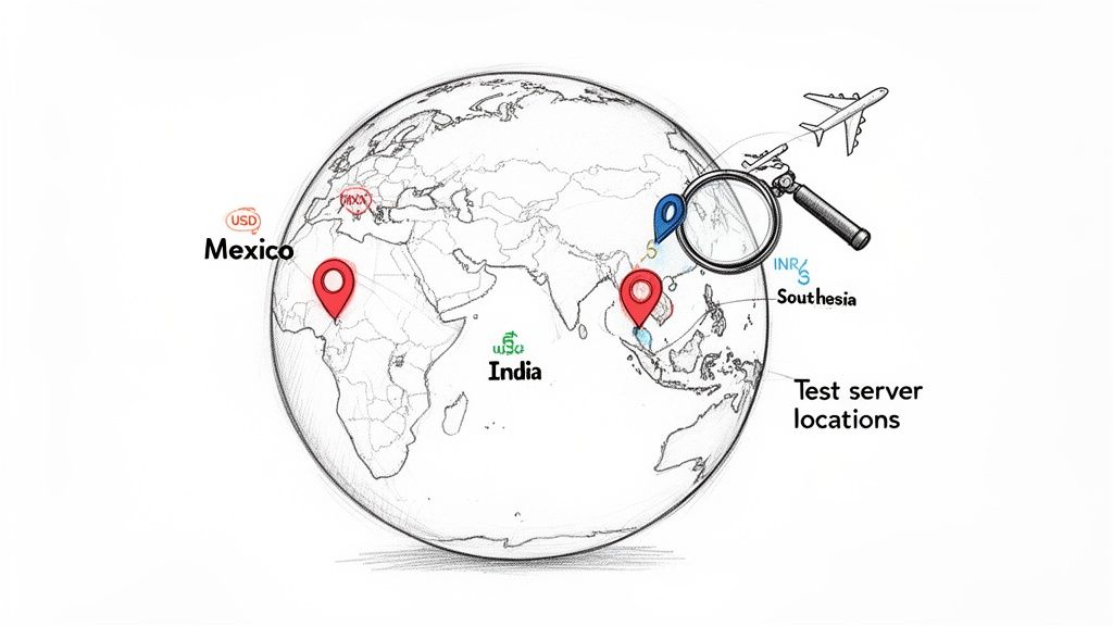 Sketch of a globe showing Mexico, India, and Southesia with currency symbols and test server locations.