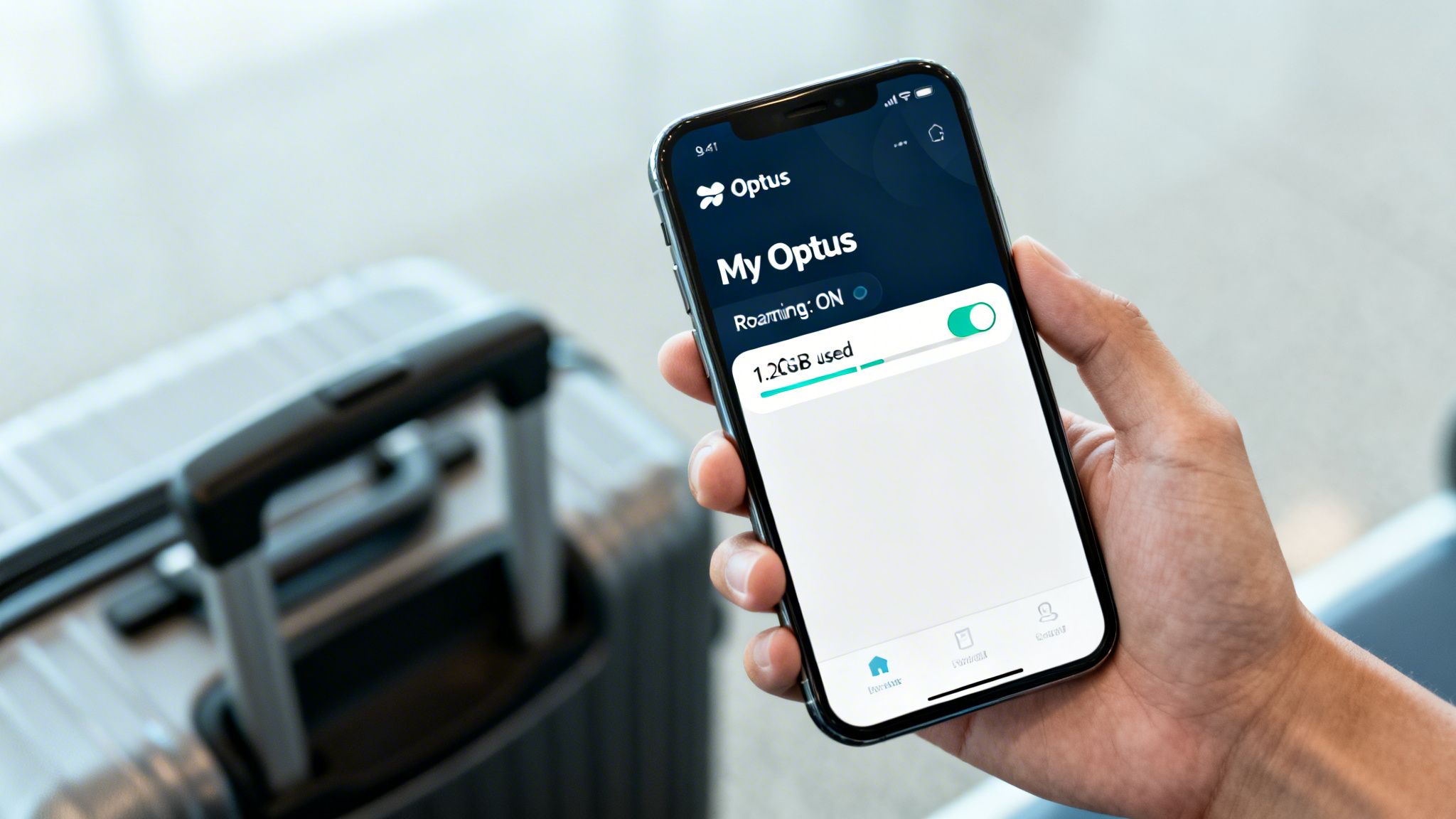Hand holds a smartphone showing the Optus app with international roaming enabled and 1.2GB data used.