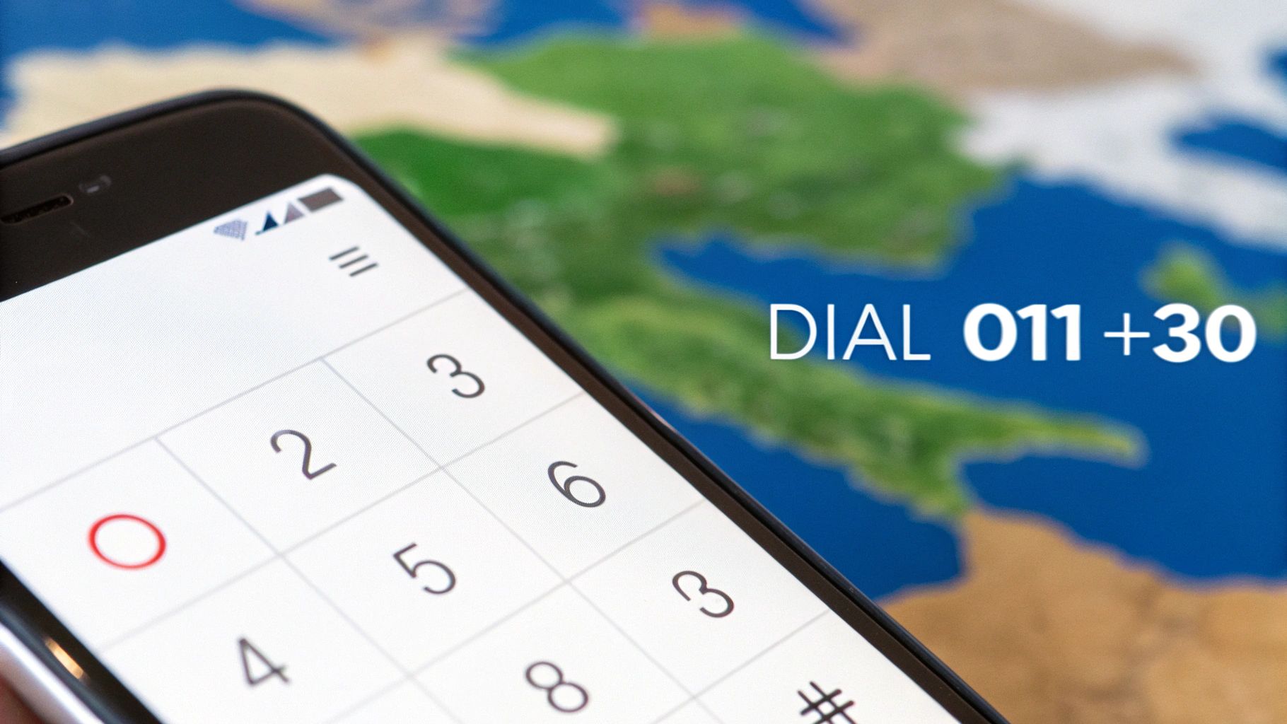 地図を背景に電話をかける人の写真（ギリシャ）