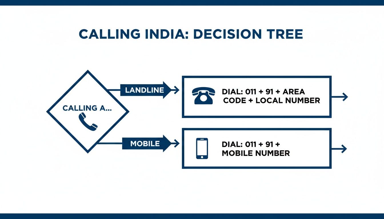 Un organigramme décisionnel illustrant comment composer vers l'Inde, détaillant les instructions pour les appels fixes et mobiles.