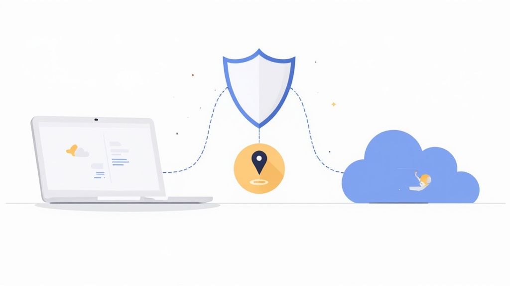 A person using a laptop with a VPN connection graphic overlaid.