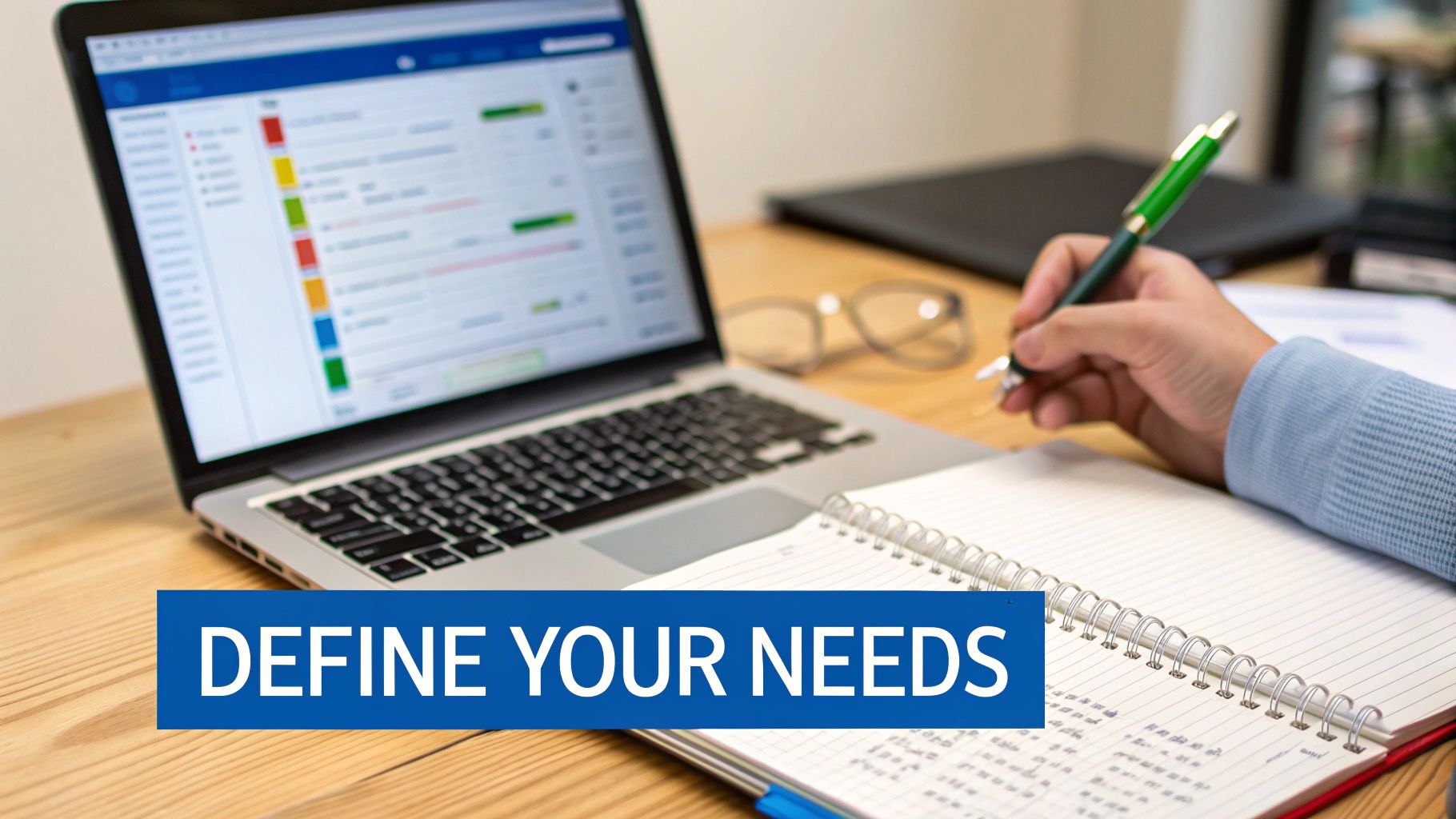 شخص على مكتب مع قائمة مراجعة، يخطط لاحتياجات عمله.