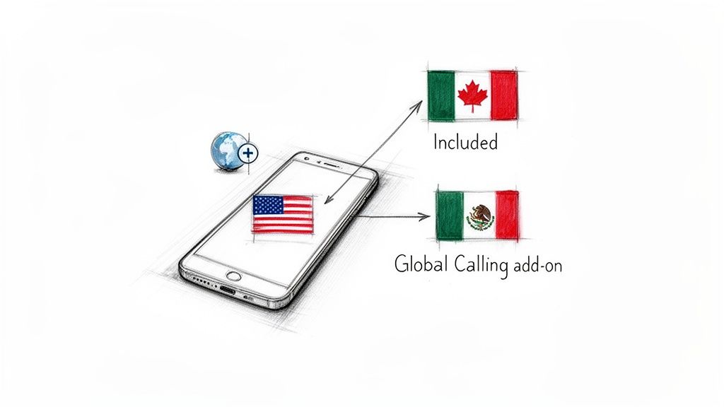 A smartphone with a US flag, illustrating international calling plans to Canada (included) and Mexico (add-on).
