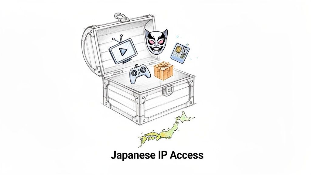 A treasure chest reveals Japanese streaming, gaming, and cultural items, with a map of Japan.