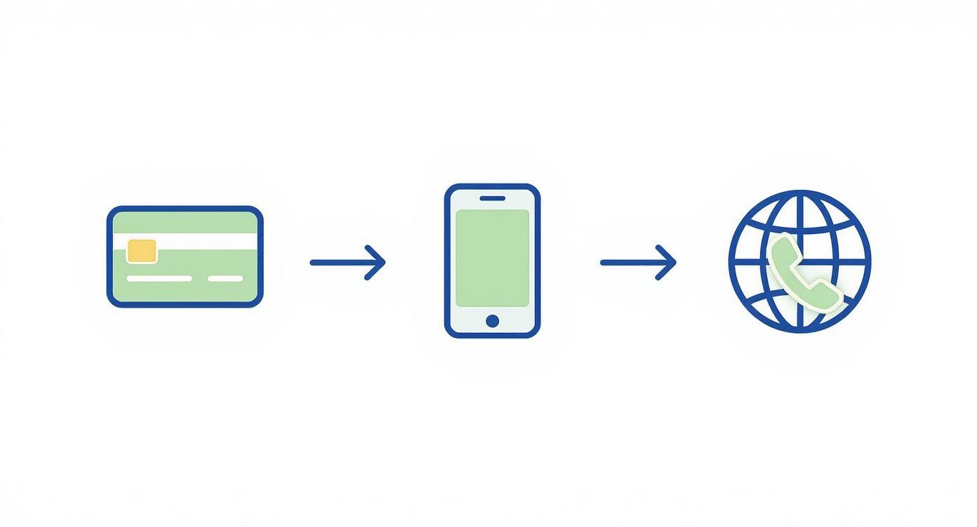 クレジットカード、矢印、スマートフォン、別の矢印、電話受話器付きの地球を描いたイラスト—オンライン国際通話を表現しています。