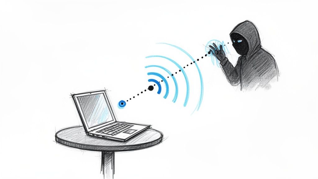 A sketch illustrates a laptop transmitting data, intercepted by a cloaked hacker via wireless signals.