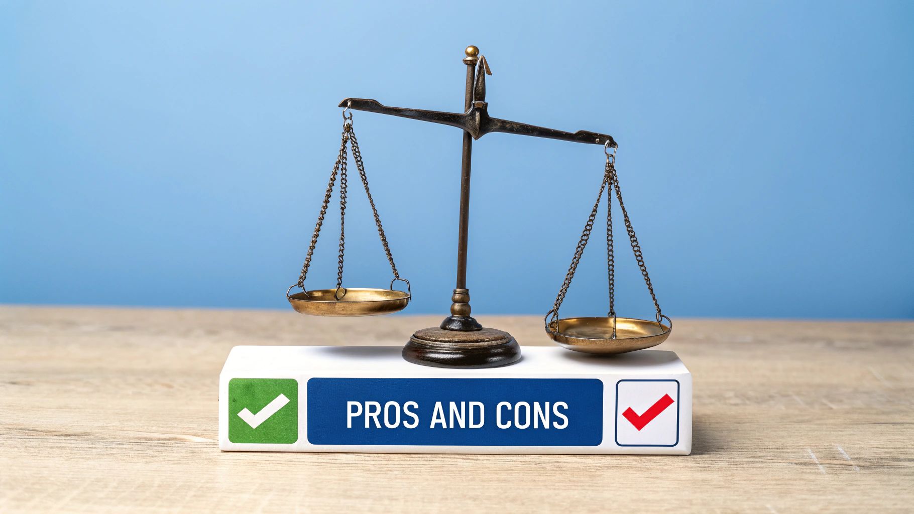 伝統的な真鍮の天秤が「PROS AND CONS」と書かれた白いブロックの上にあり、チェックマークが付いているイメージ。