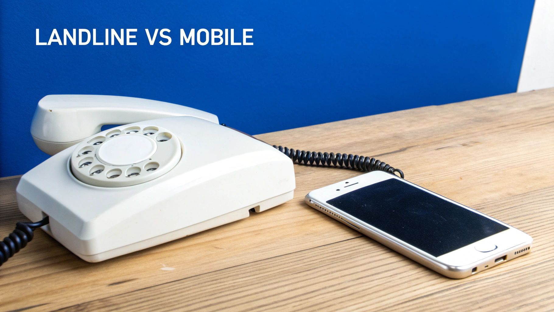 A white rotary landline phone next to a modern white smartphone on a wooden table, representing landline vs mobile.