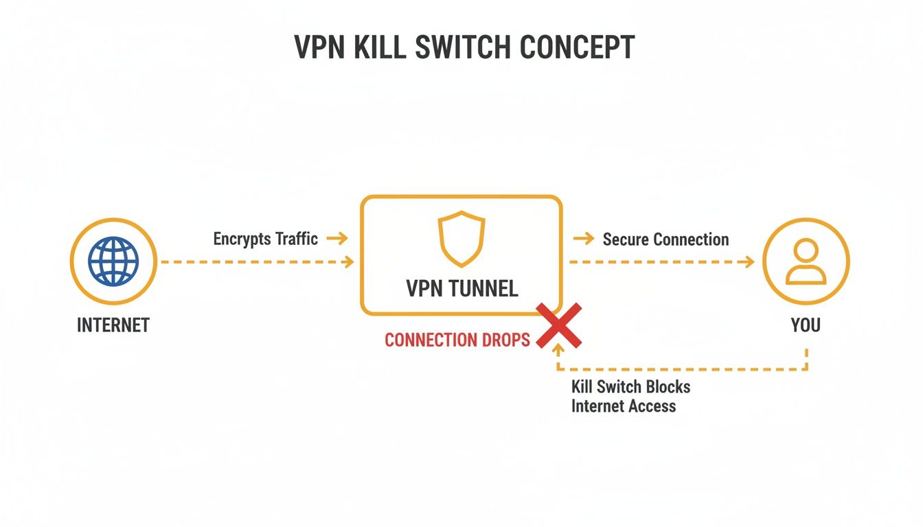 Diagram illustrating a VPN kill switch, blocking internet access when the VPN connection drops to protect privacy.
