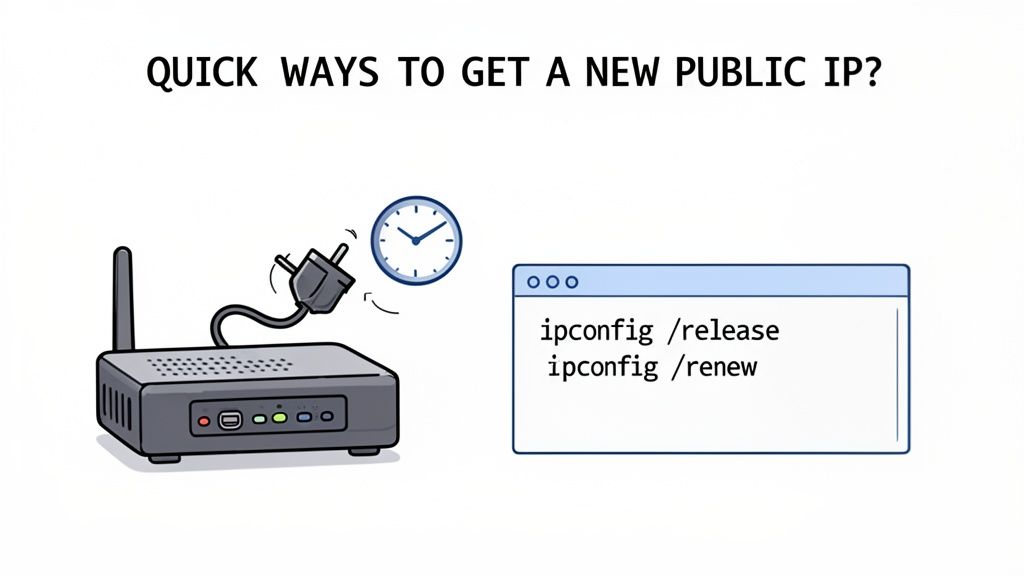 Illustration shows quick ways to get a new public IP: unplugging a router and using ipconfig commands.