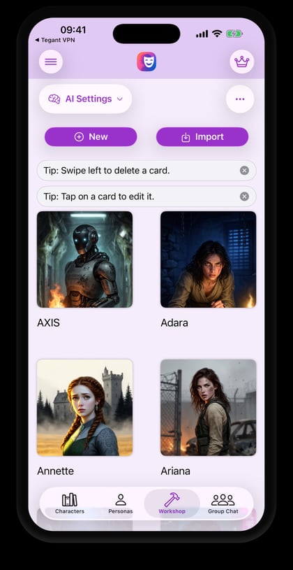 PersonaChat Workshop tab on iPhone showing the Import button next to New, above a grid of imported characters — where Chub AI JSON cards arrive