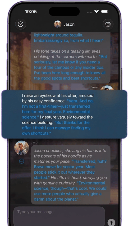 PersonaChat AI roleplay conversation with character Jason over a custom chat wallpaper, showing in-character streaming replies