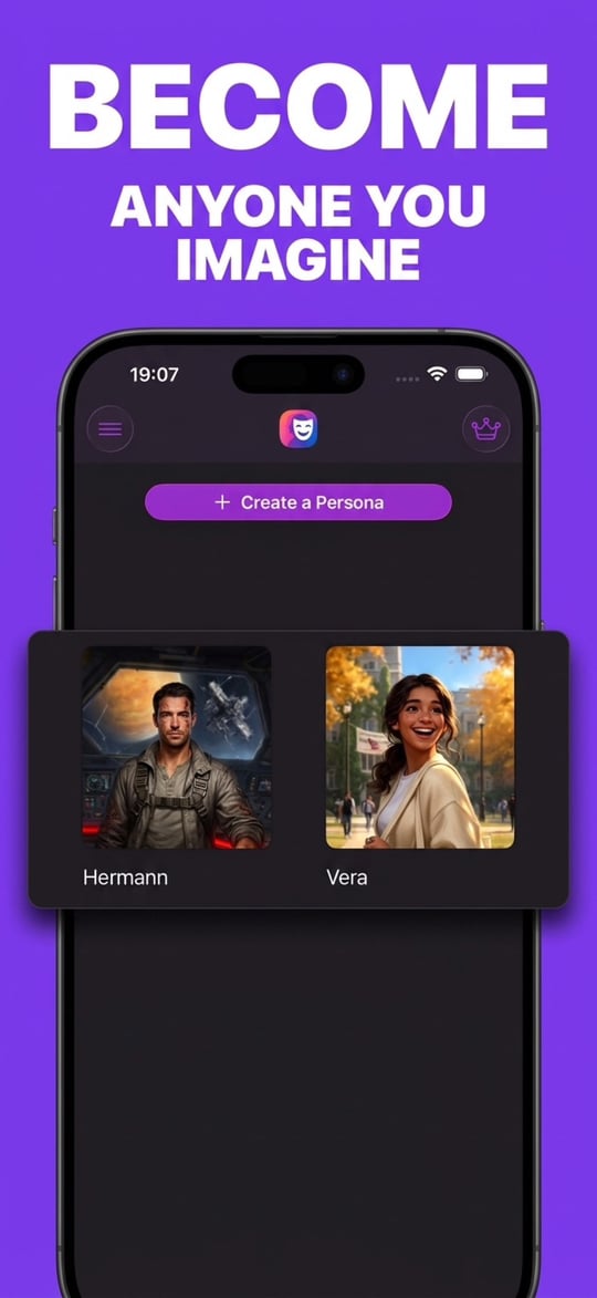 Become anyone you imagine — PersonaChat's Personas screen with a Create a Persona button and persona avatars Hermann and Vera