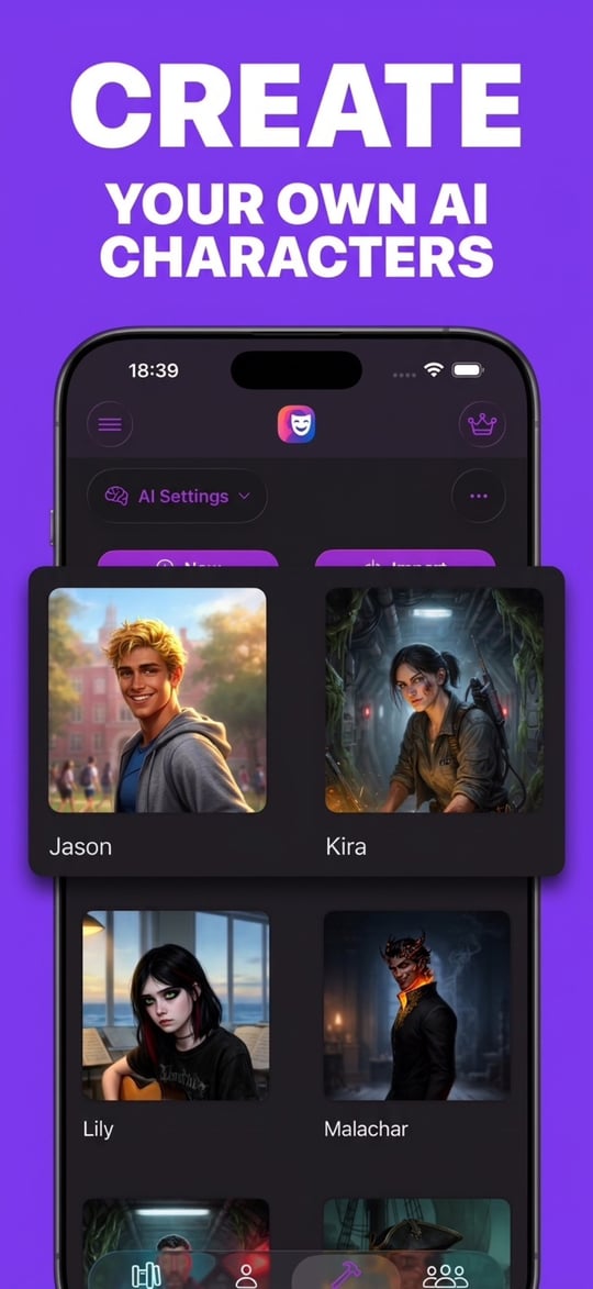 Create your own AI characters — PersonaChat's Character Workshop where you build, edit, or import custom characters, showing Jason, Kira, Lily and Malachar