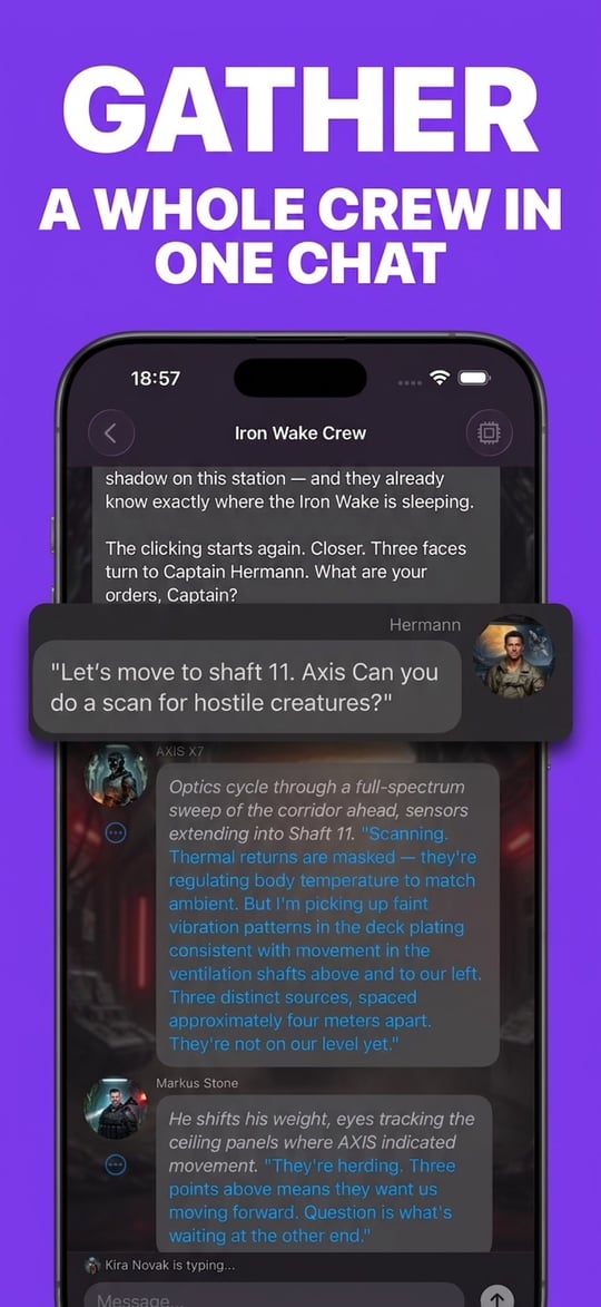Gather a whole crew in one chat — PersonaChat group chat with the Iron Wake Crew, where smart routing picks which AI character replies next