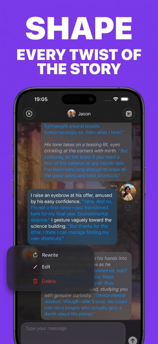 PersonaChat conversation over a custom chat wallpaper with the Rewrite, Edit and Delete menu open — full control over every message in the story