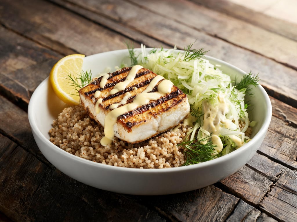 Amaranth Bowl with Grilled Swordfish, Fennel Slaw, and Lemon Aioli