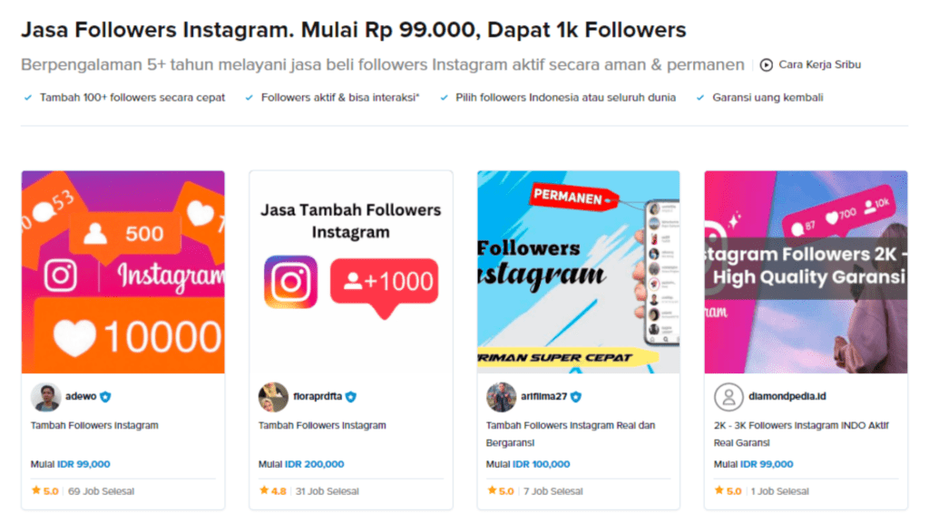 Penawaran jasa followers Instagram dari para freelancer di Sribu