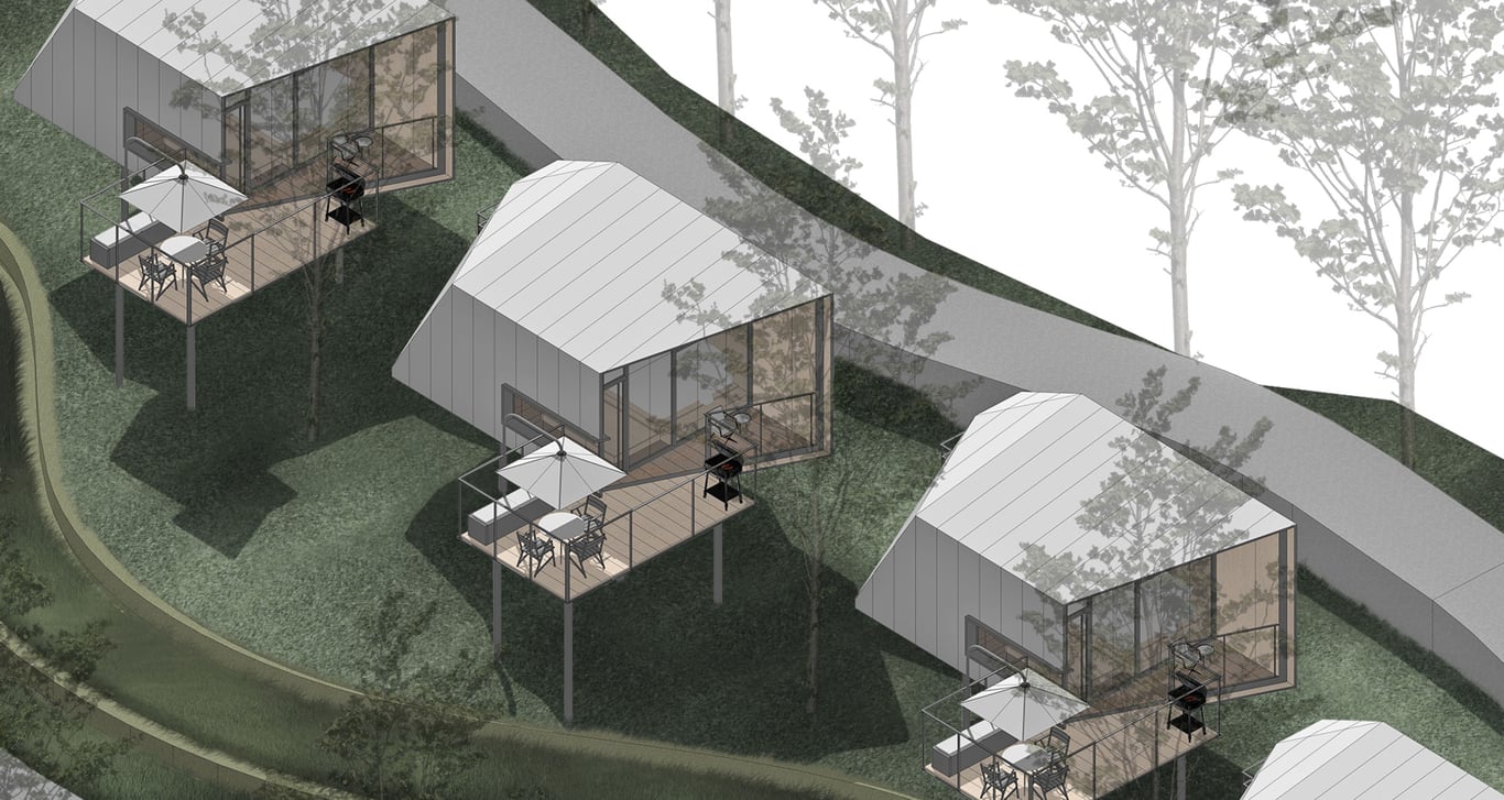 Desain Cabin yang modern dengan fasilitas teras & BBQ