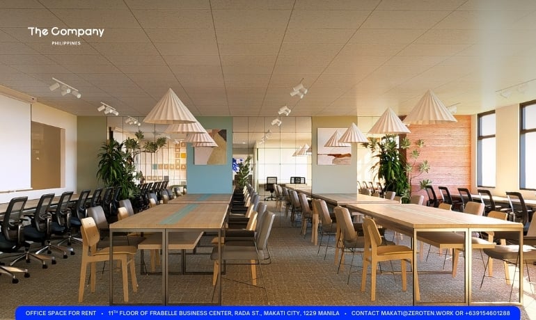 Our open-plan collaboration zone offers flexible seating and a vibrant atmosphere for meetings, creative work, and community events in Makati.